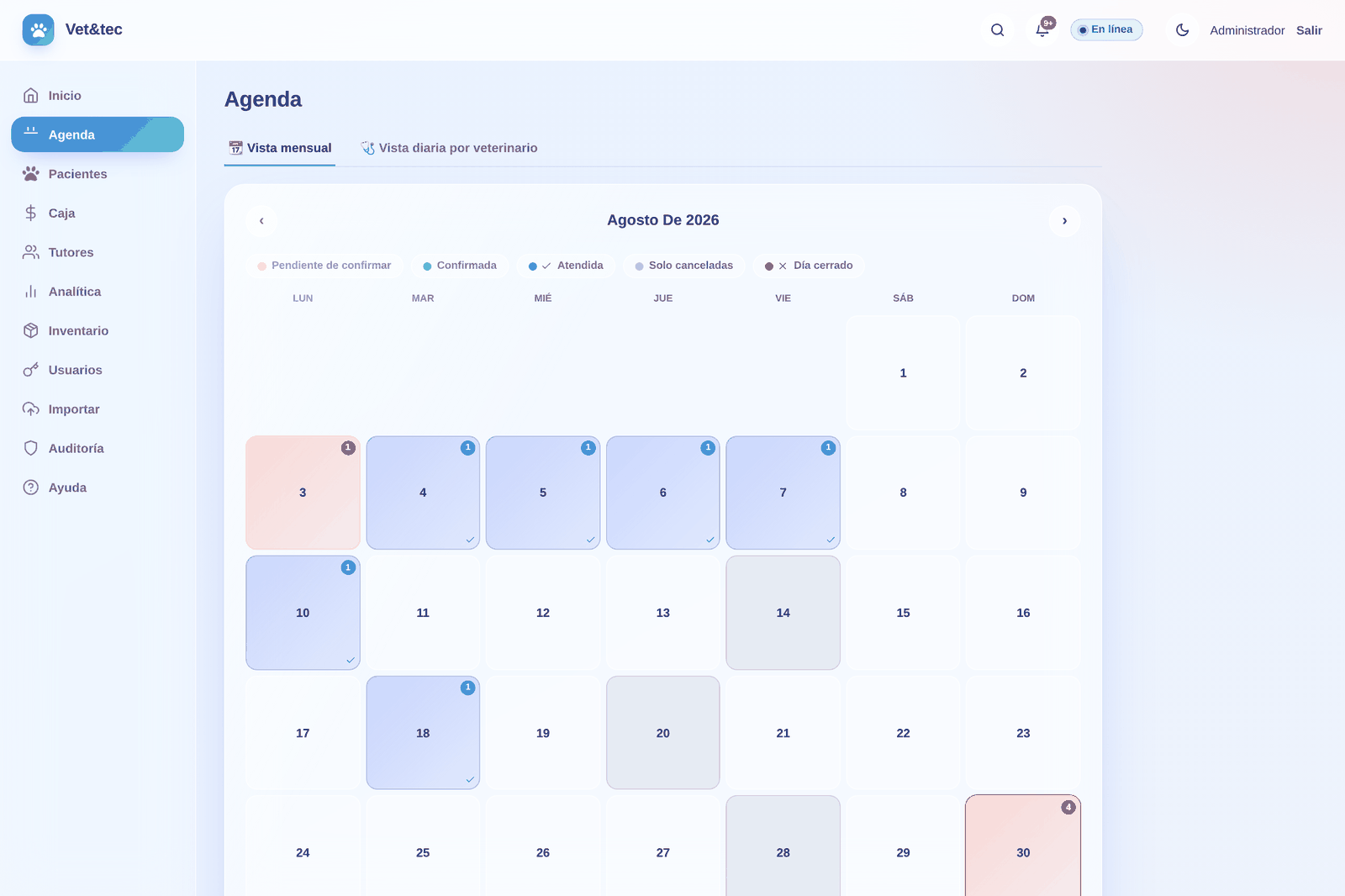 Calendario mensual a color de la Agenda en Vet&tec